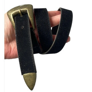 WESTERN Black Faux Suede Belt Antique Brass Look Buckle/Tip M *As Is*